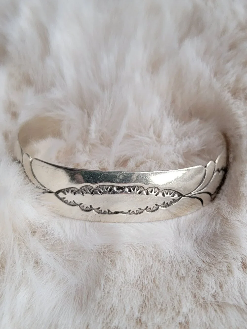 Vintage Raymond Ortiz Twinhorse Sterling Silver Hand Stamped Cuff Bracelet 26g